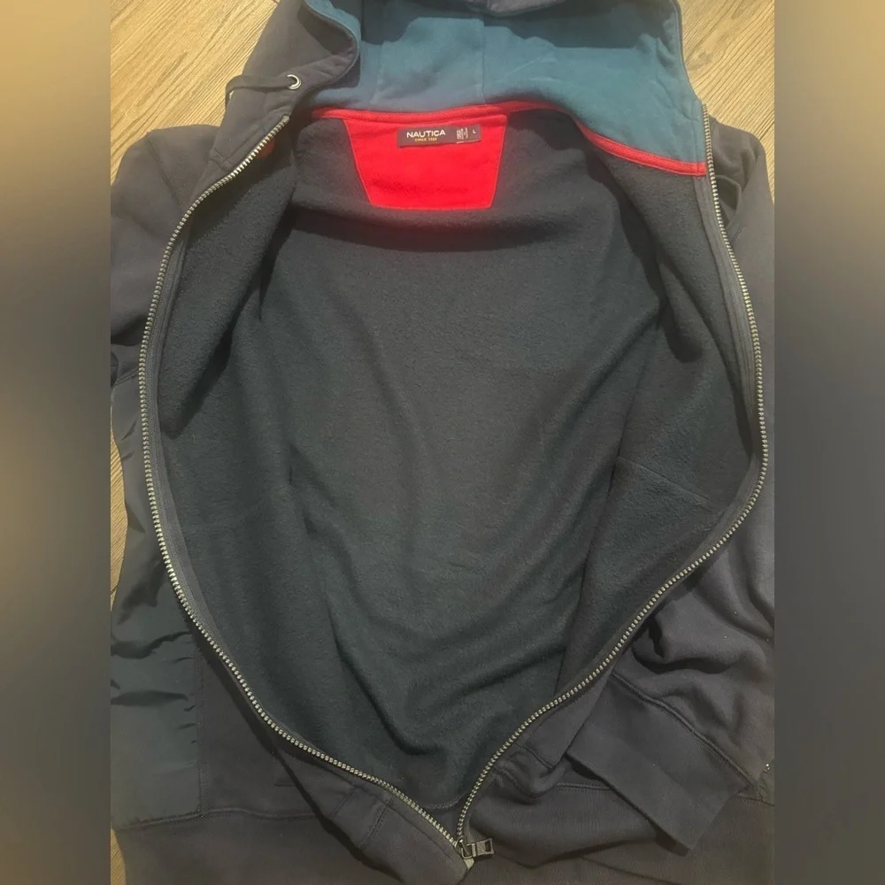 Nautica Men’s Large Navy Full Zip Hooded Jacket Fleece Lined Vintage Style